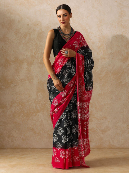Black and Pink Floral Block-Print Saree