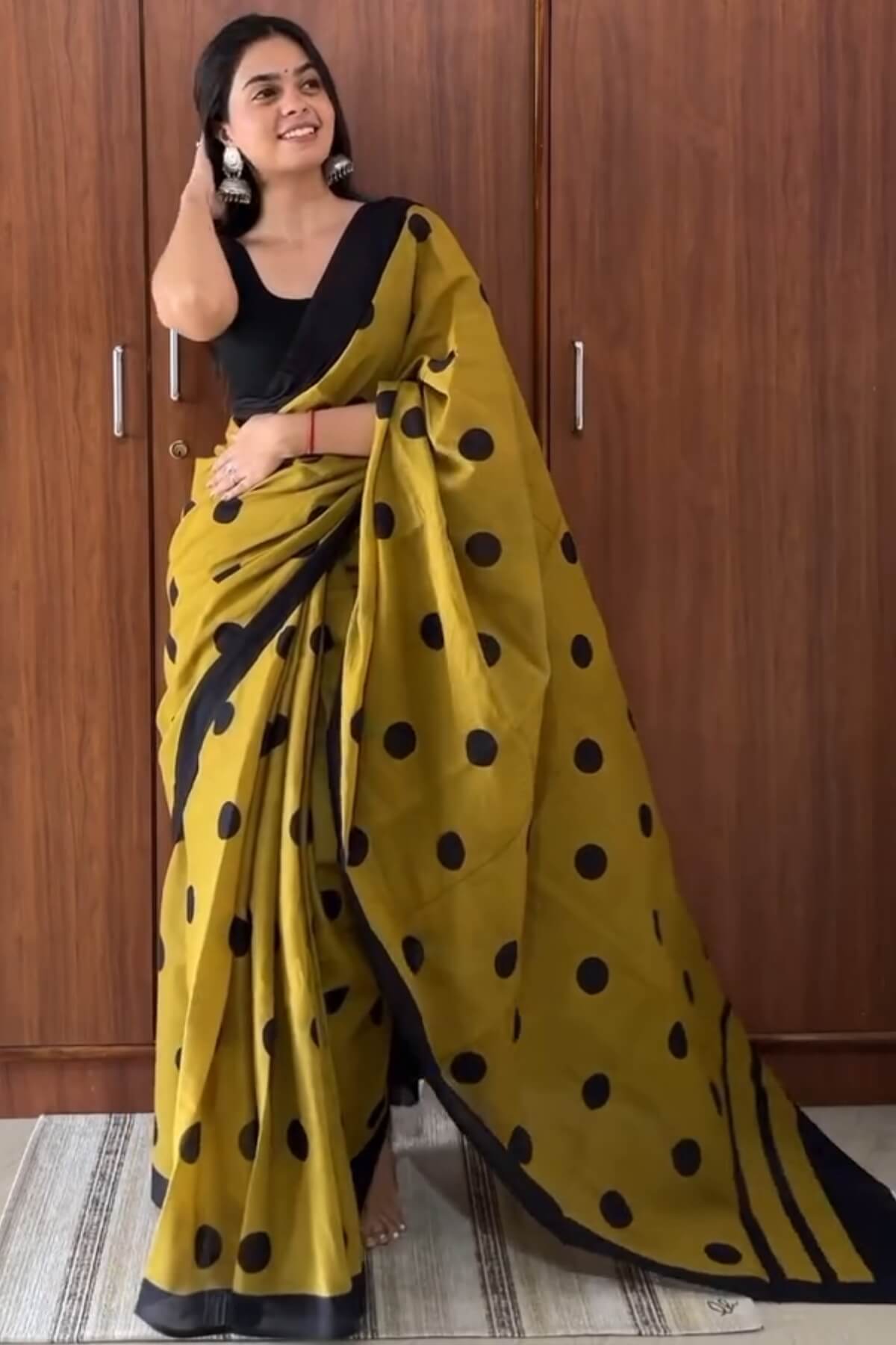 Mustard Yellow and Black Polka-Dot Saree