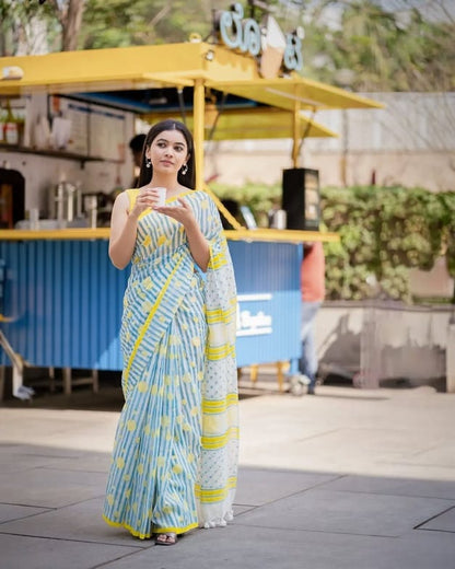 Refreshingly Bright Blue and White Striped Saree with Lemon Print