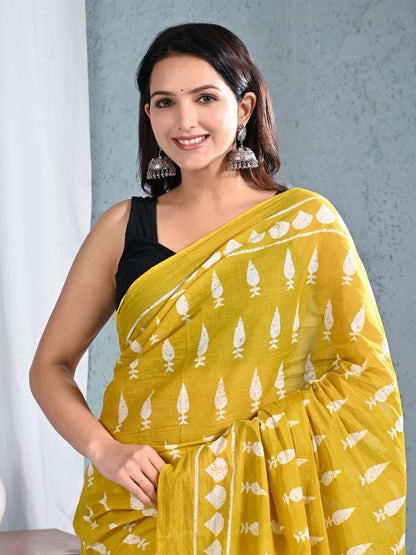 Mustard Yellow Cotton Saree with White Block Prints