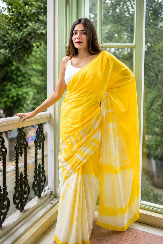 Yellow and White Tie-Dye Saree with Tassel Detail