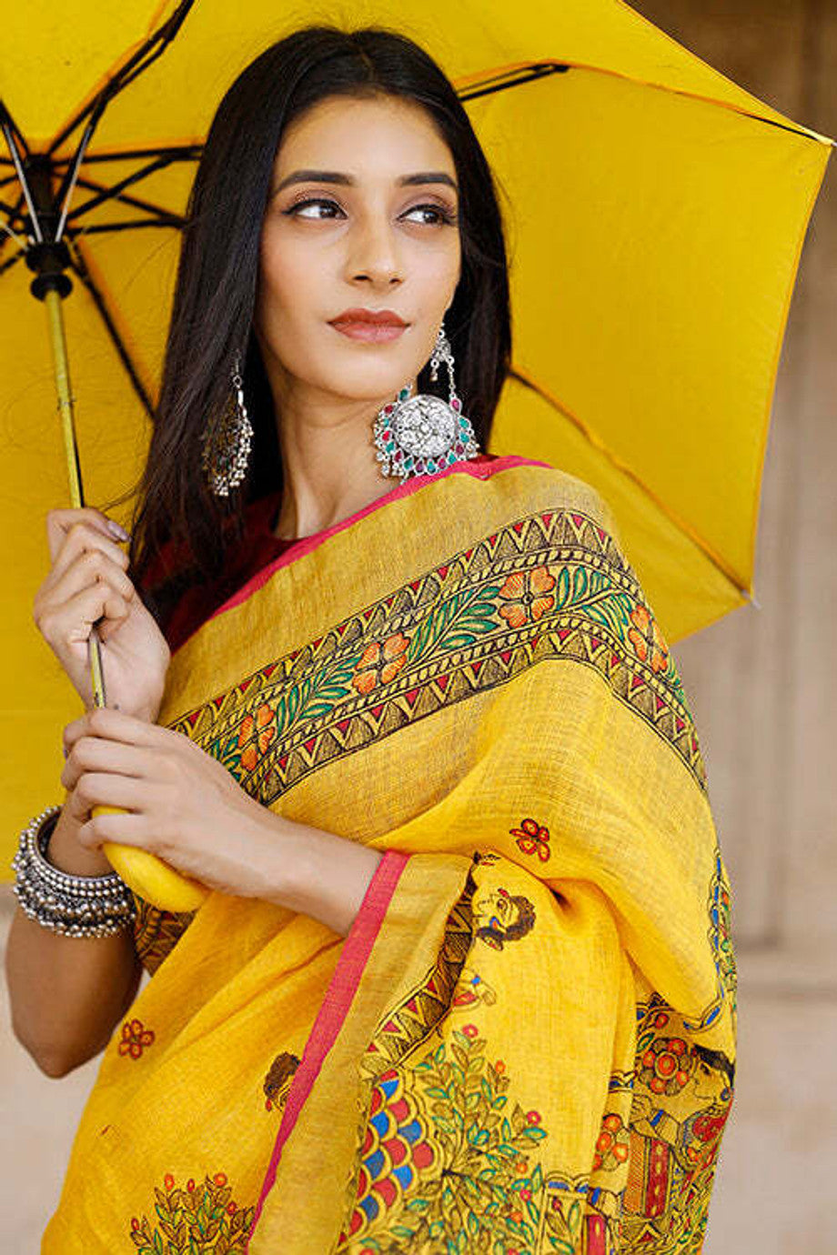 Yellow Linen Saree with Traditional Folk Art Print