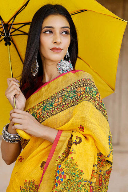 Yellow Linen Saree with Traditional Folk Art Print