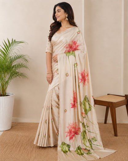 Cream Lotus Painted Erode Silk Saree
