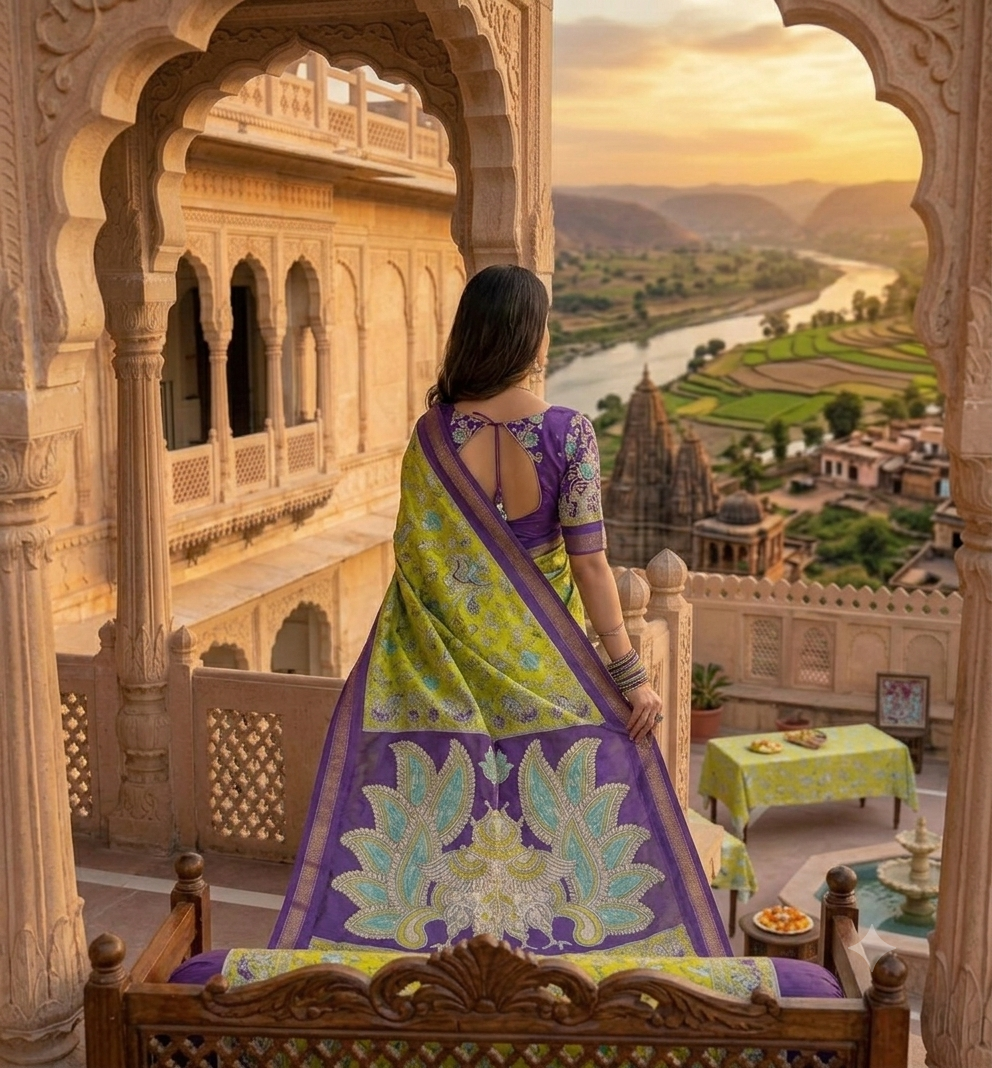 Lime Green and Purple Floral Saree with Peacock Pallu