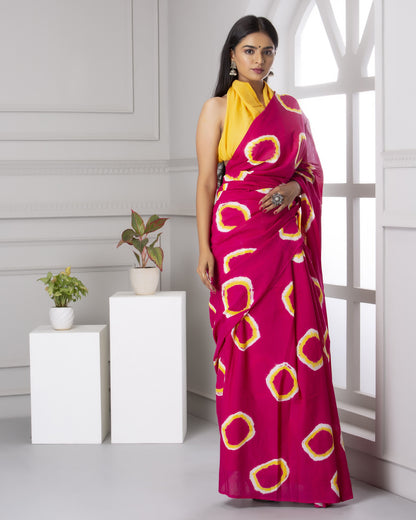 Magenta and Yellow Tie-Dye Saree with Artistic Motifs