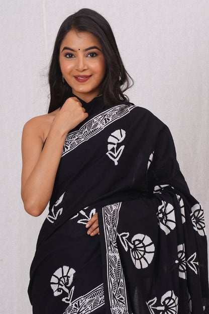 Classic Black and White Floral Saree