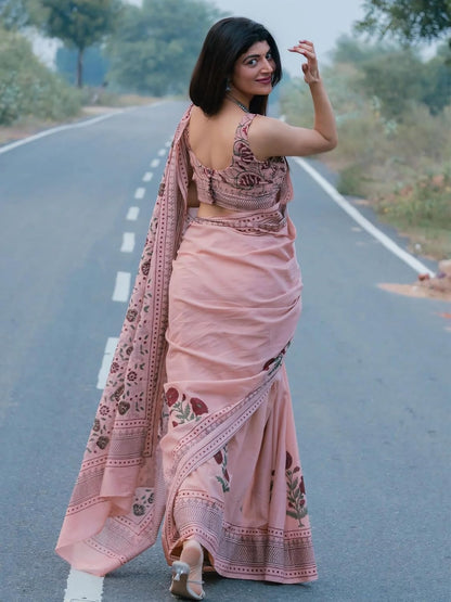 Pastel Pink Floral Printed Saree with Matching Blouse