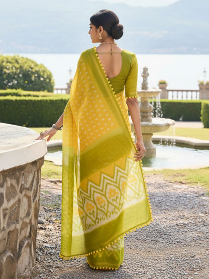 Yellow and Olive Green Ikat Print Saree with Pom-Pom Lace