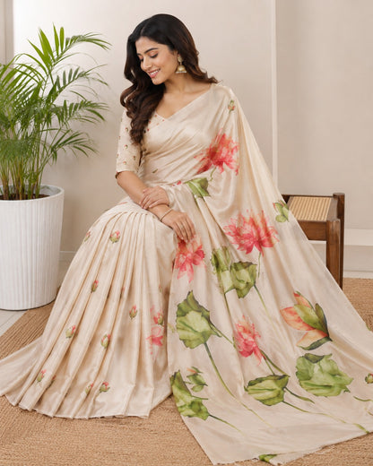 Cream Lotus Painted Erode Silk Saree
