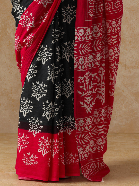 Black and Pink Floral Block-Print Saree