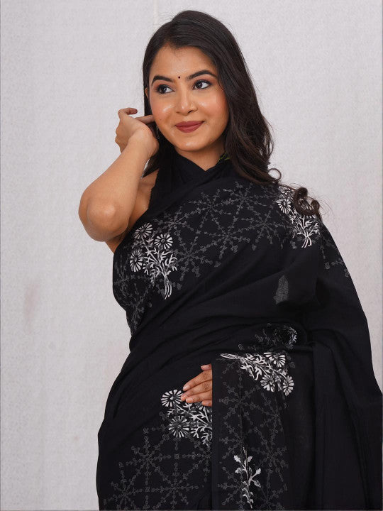 Black Floral Printed Saree with Geometric Details