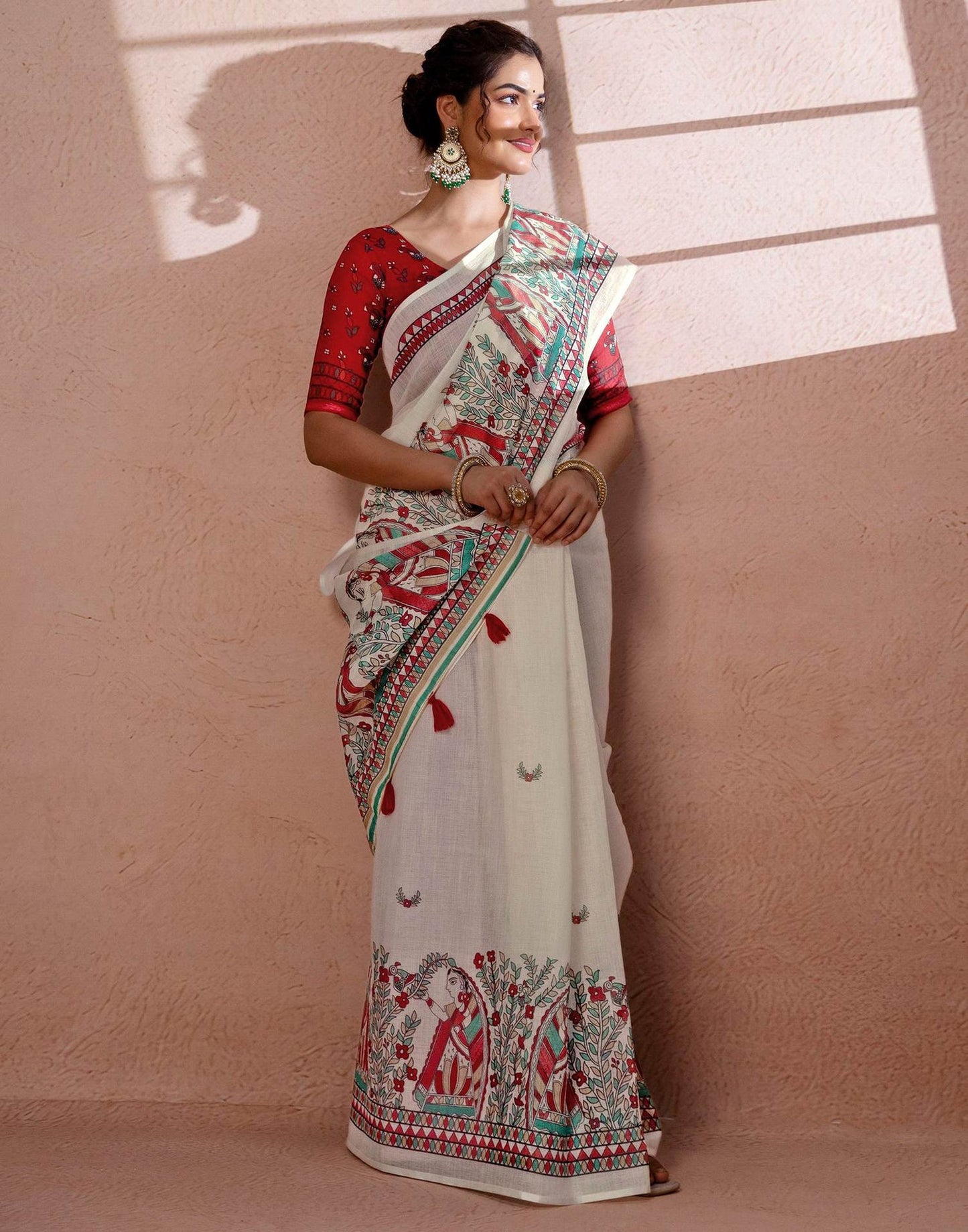 Off-White Linen Saree with Red and Teal Folk Art Print