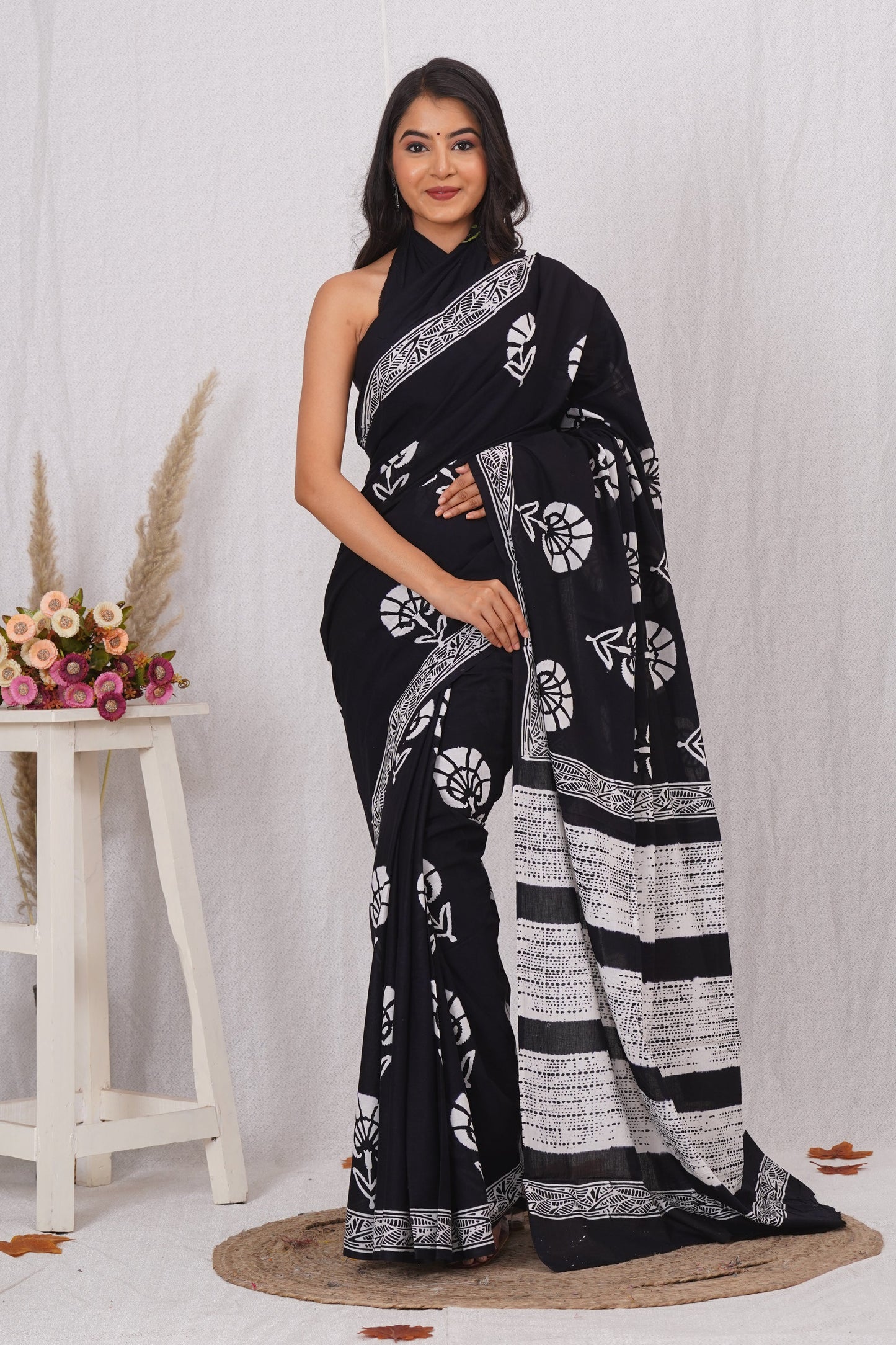Classic Black and White Floral Saree