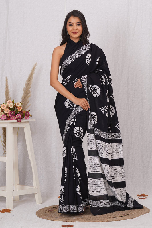 Classic Black and White Floral Saree