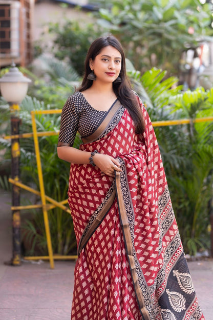 Red and Black Ajrakh Style Cotton Crape Saree