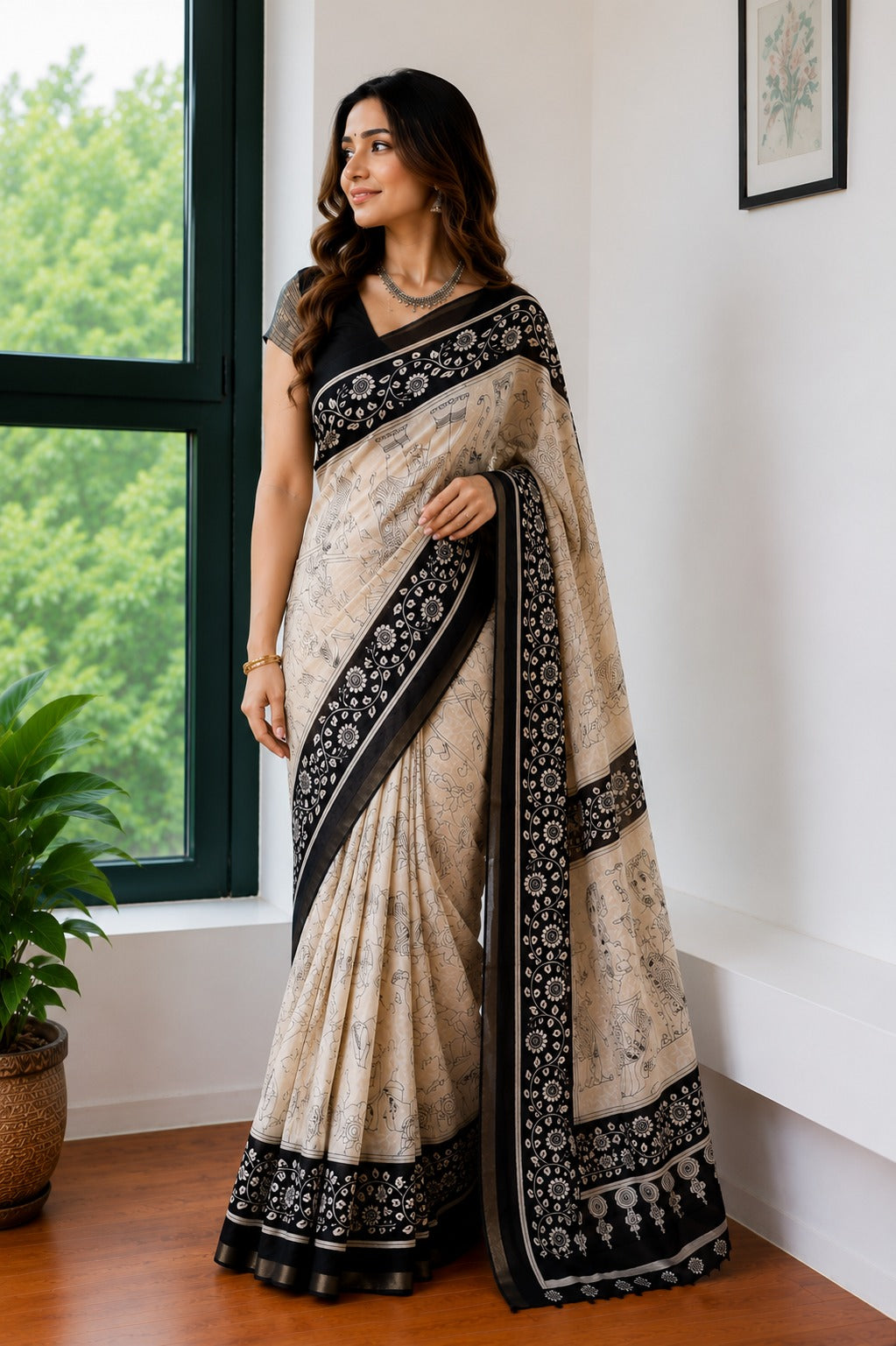 Beige and Black Kalamkari-Style Printed Saree