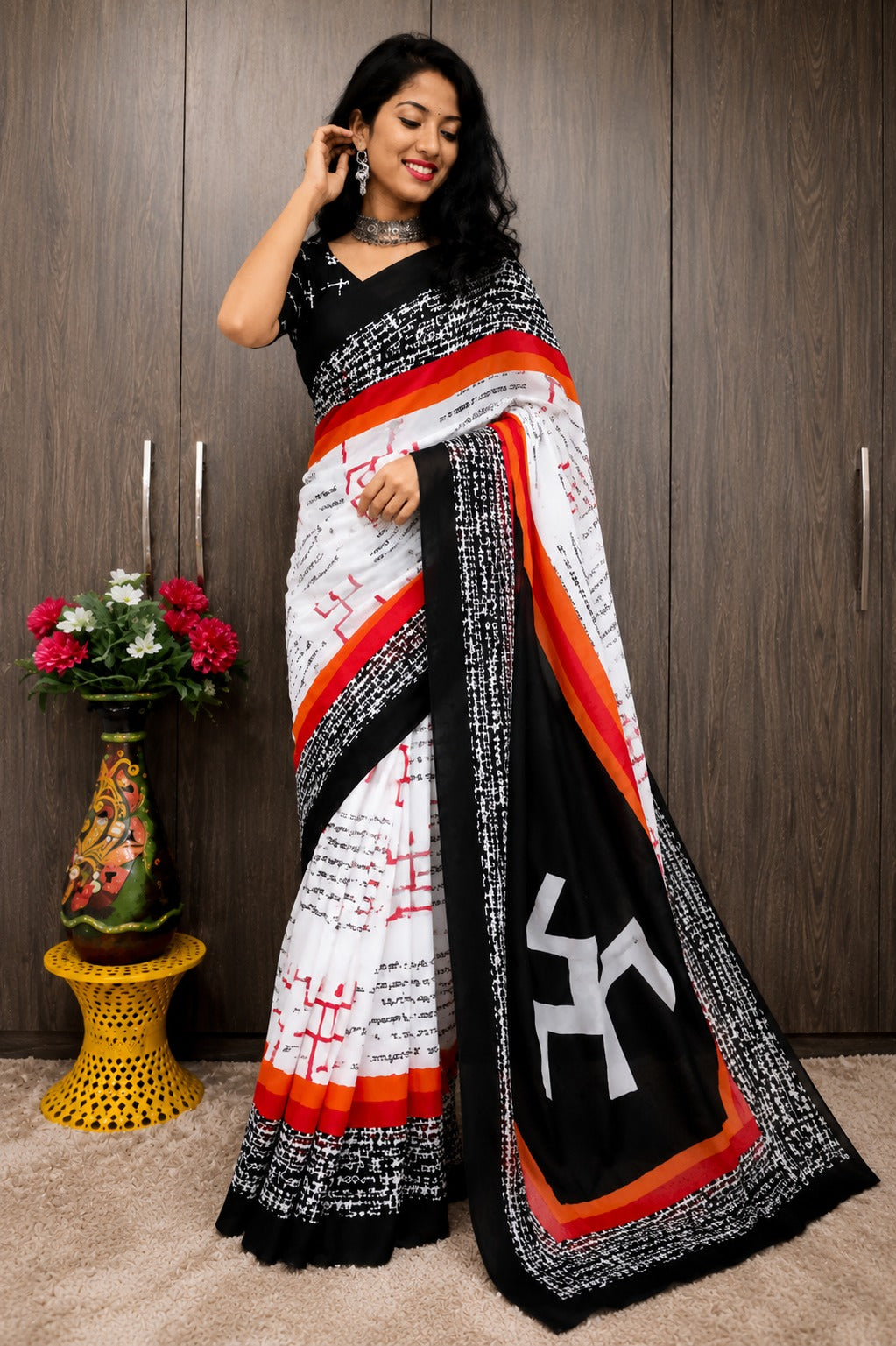 White and Black Saree with Script Print