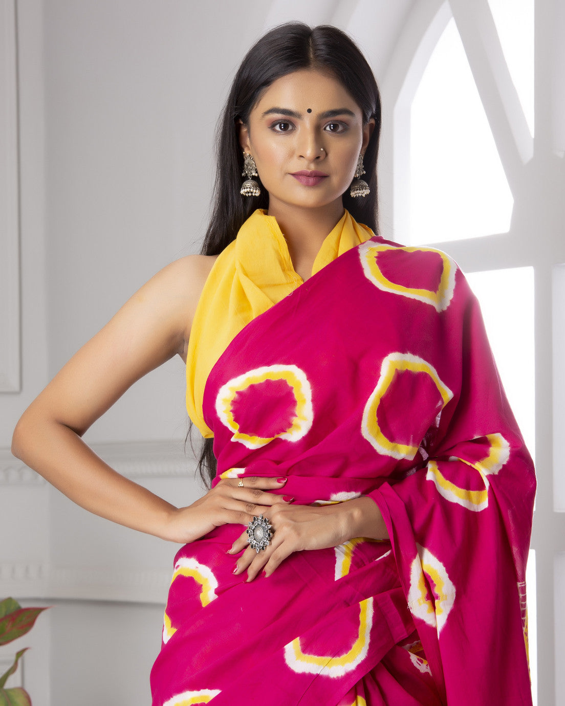 Magenta and Yellow Tie-Dye Saree with Artistic Motifs