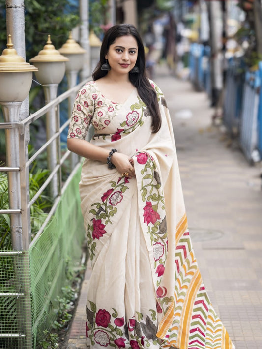 Beige Kalamkari Saree with Floral Hand-Paint Detail