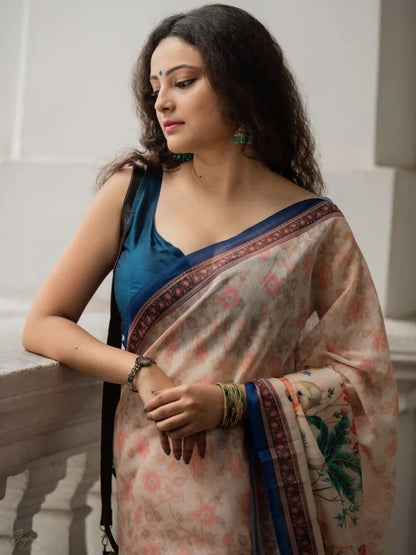 Cream Floral Printed Saree with Traditional Elephant Motifs