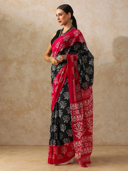 Black and Pink Floral Block-Print Saree