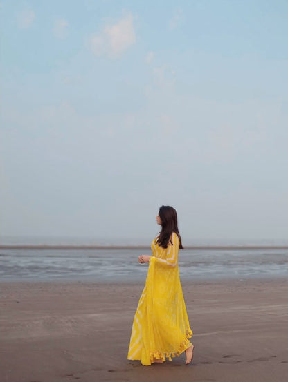 Radiant Yellow Chevron Leheriya Saree with Tassels