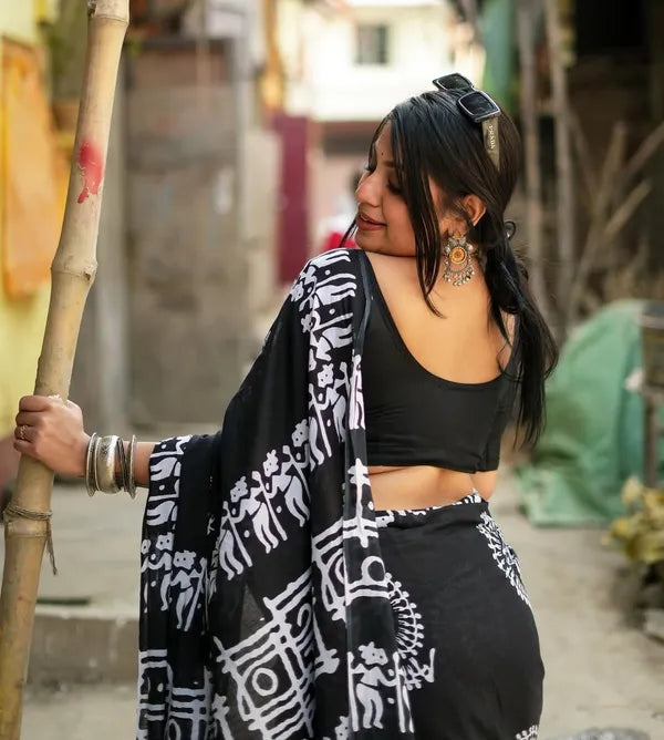Classic Black and White Tribal Art Saree