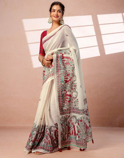 Off-White Linen Saree with Red and Teal Folk Art Print