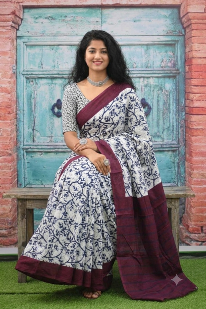 Cream and Indigo Floral Printed Saree