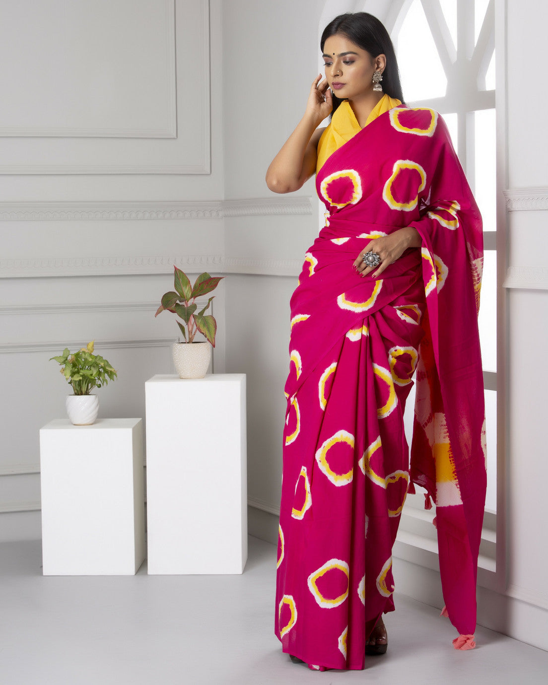 Magenta and Yellow Tie-Dye Saree with Artistic Motifs