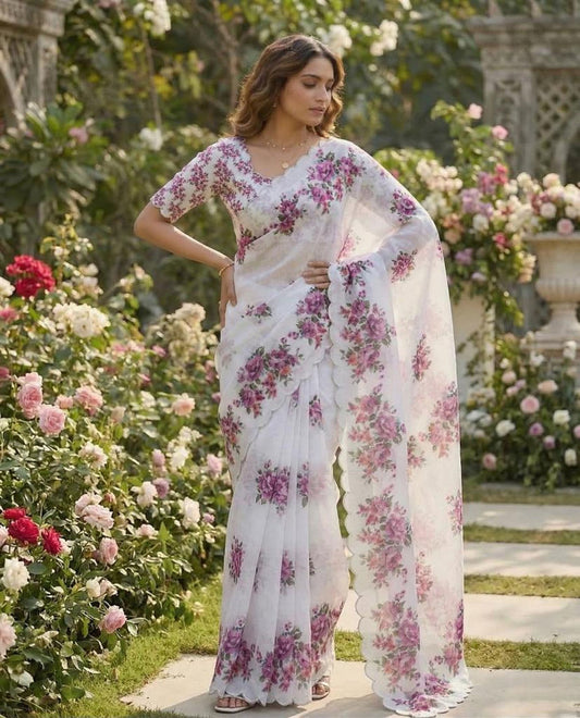 Floral Printed Saree with Scalloped Border