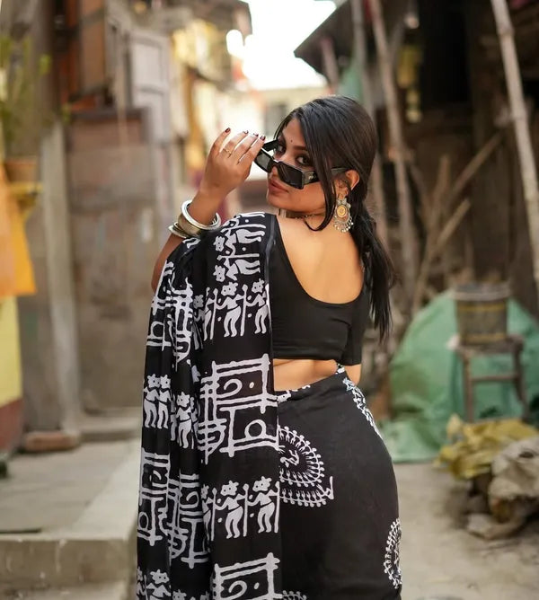 Classic Black and White Tribal Art Saree