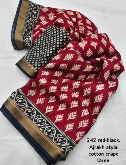 Red and Black Ajrakh Style Cotton Crape Saree