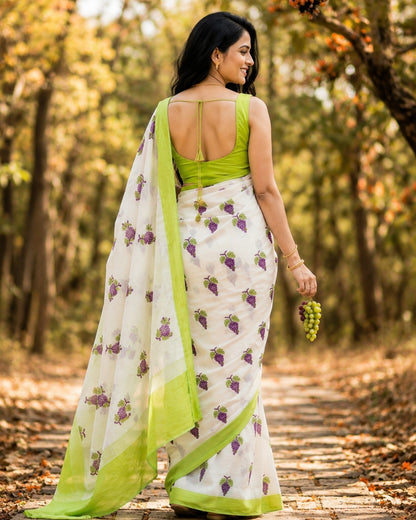 Off-White Saree with Grape Print and Lime Green Border