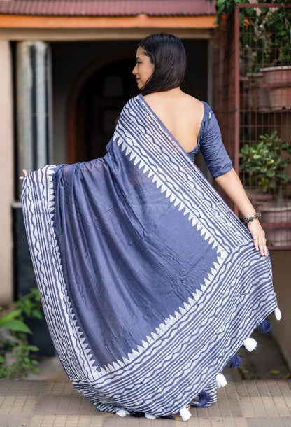 Indigo Blue and White Batik Linen Saree