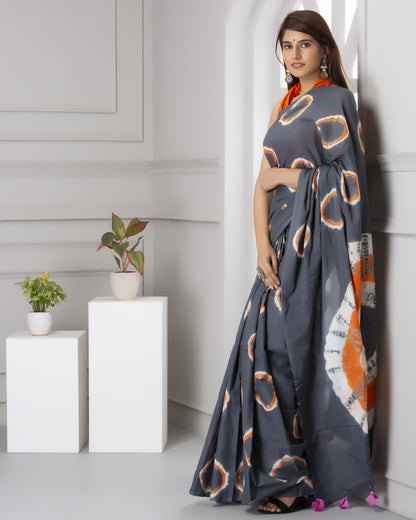 Grey and Orange Tie-Dye Saree with Tassel Detail