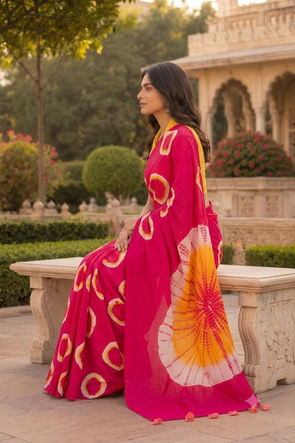 Vibrant Fuchsia Tie-Dye Saree with Yellow Accents