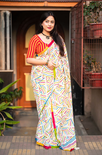 Abstract Geometric Print Saree with Striped Blouse