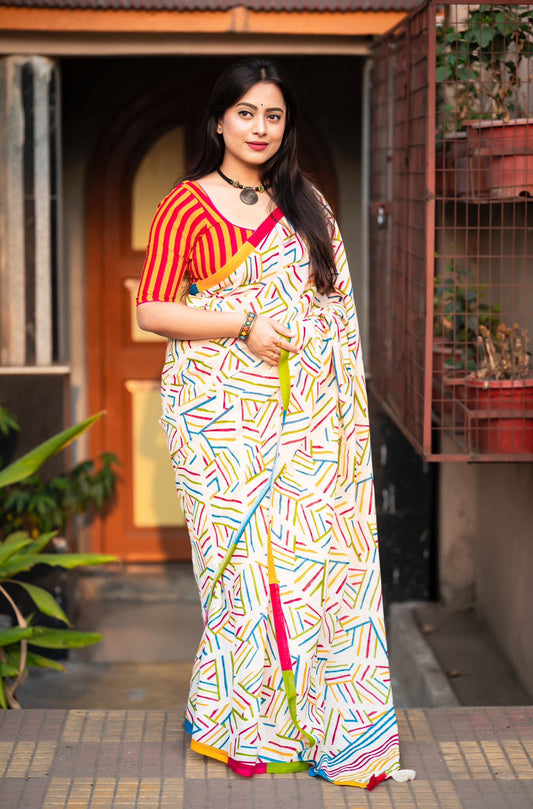 Abstract Geometric Print Saree with Striped Blouse