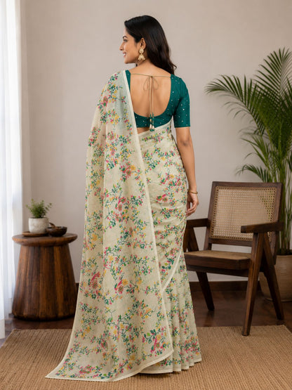 Off-White Floral Botanical Print Saree with Teal Shimmer Blouse