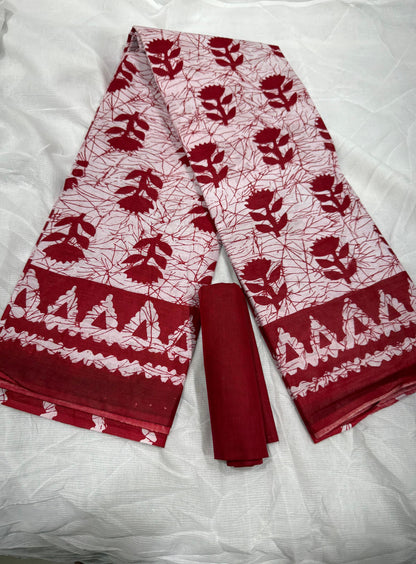 Crimson Floral Batik Saree with Solid Blouse