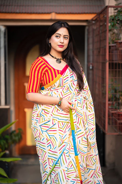 Abstract Geometric Print Saree with Striped Blouse