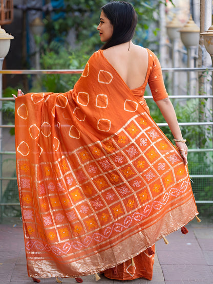 Vibrant Orange Tie-Dye Saree with Metallic Pallu