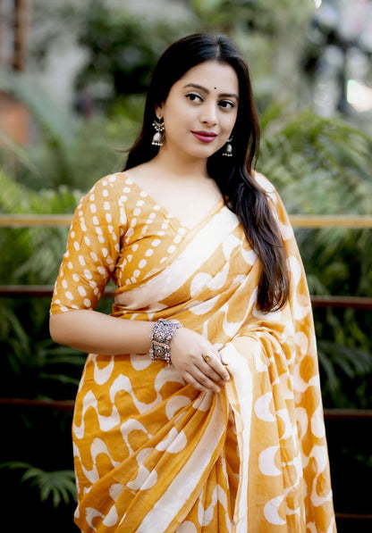 Vibrant Yellow Chevron Batik Saree