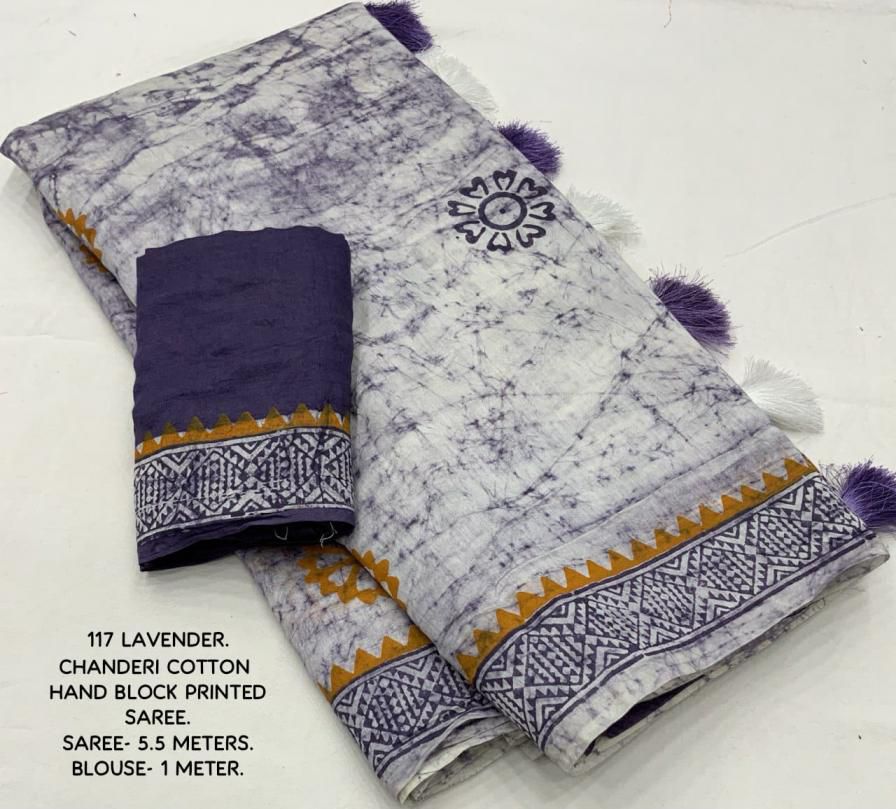 Lavender Hand-Block Printed Chanderi Cotton Saree