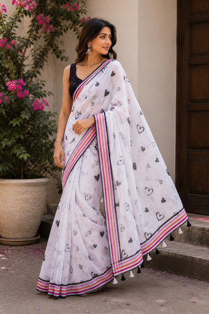 White and Black Heart-Print Saree with Multicolored Striped Border