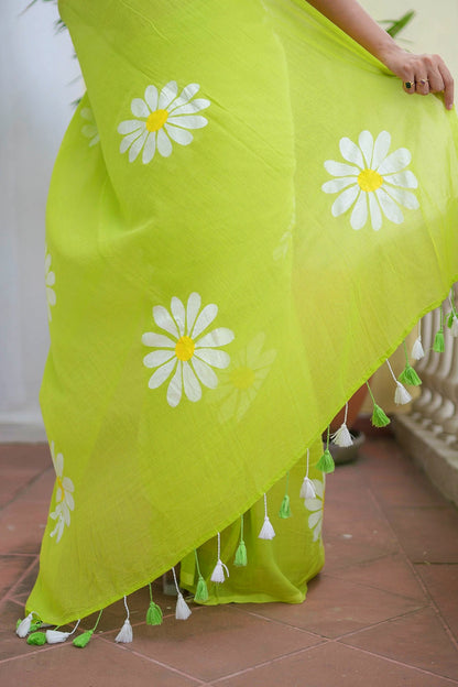 Lime Green Floral Print Linen Cotton Saree