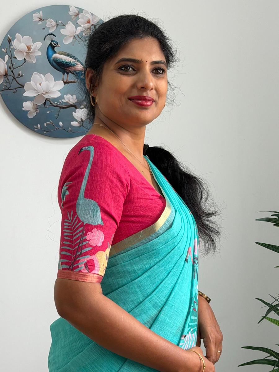 Teal Blue Linen Saree with Tropical Flamingo Print