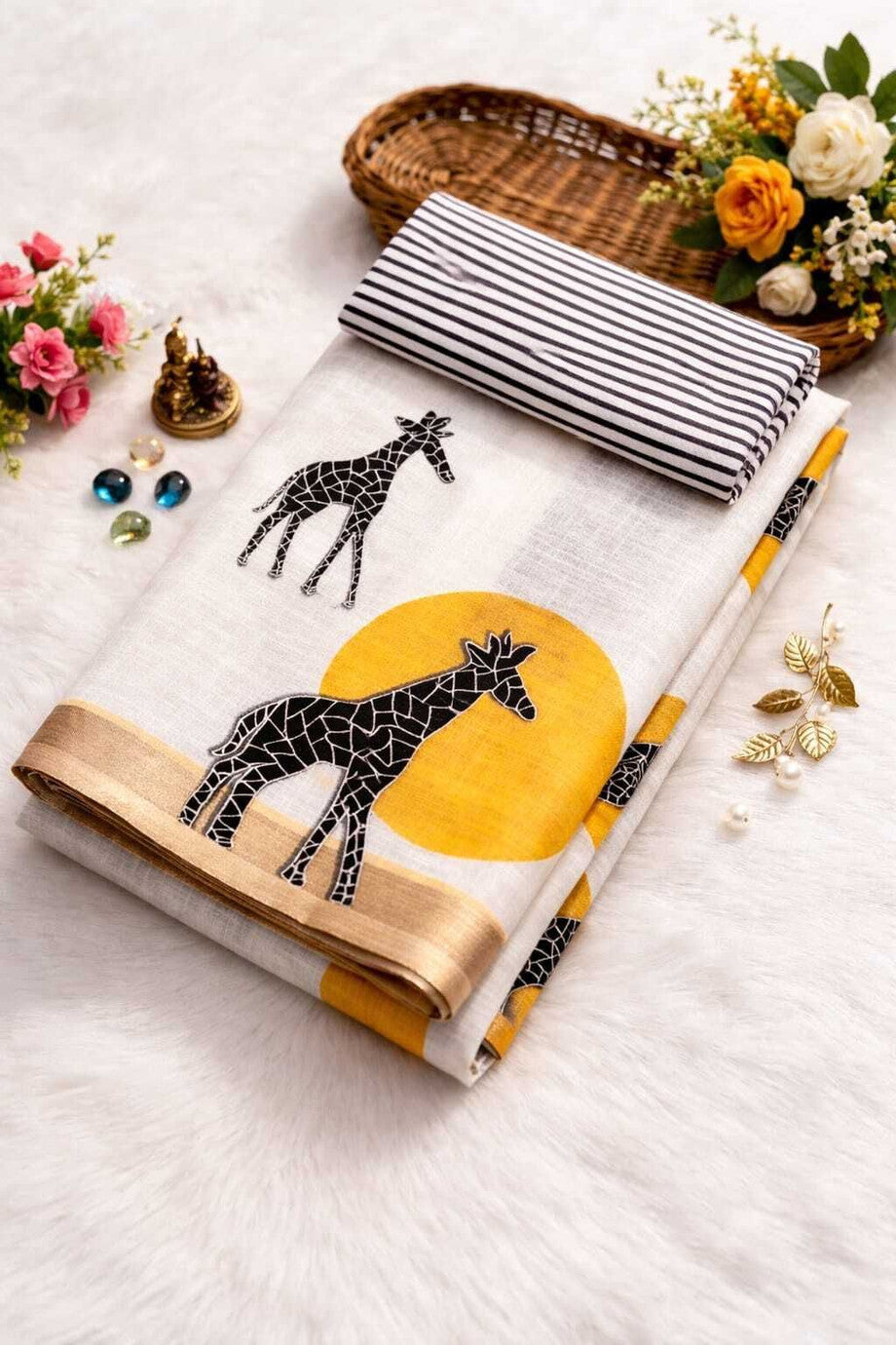 Whimsical Giraffe Motif Saree with Striped Blouse